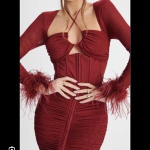 Mesh Midi Dress with feathered cuffs burgundy